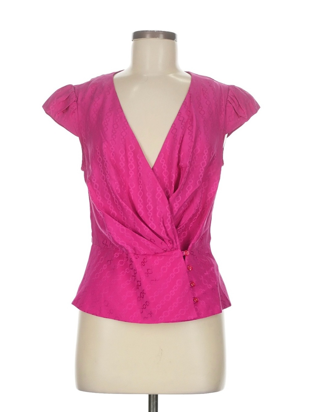 Trina Turk Fuchsia/Hot Pink Cap Sleeve Wrap-Front 100% Silk Women's Top Size M